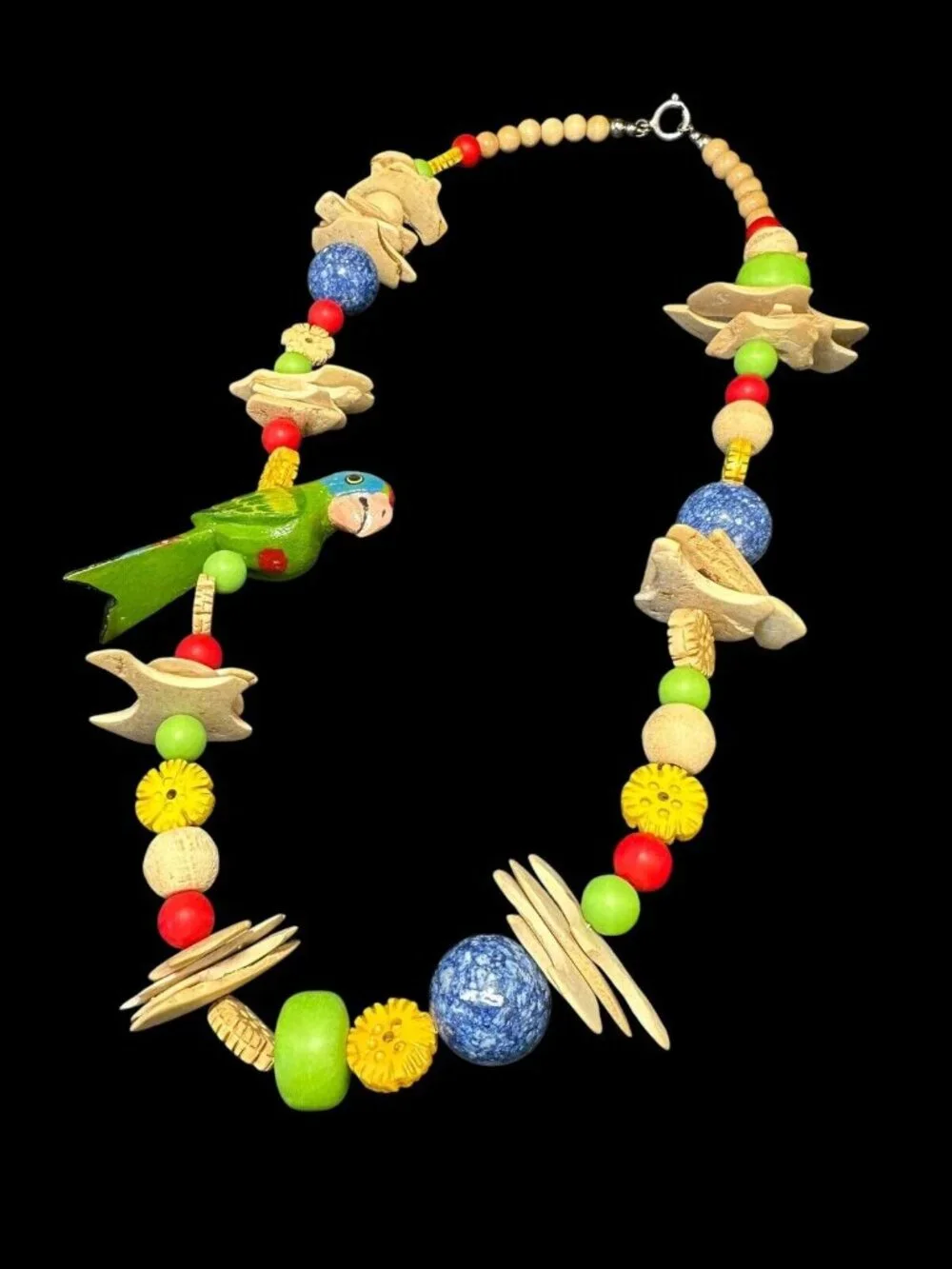 Signed PN Tropical Wood Beads Painted Parrot Necklace 27 inches Designer